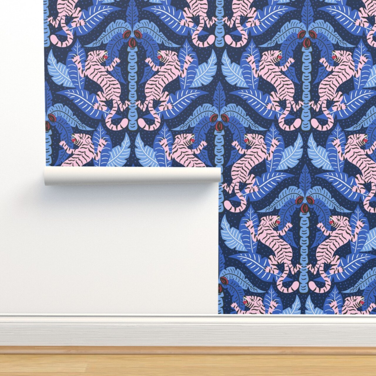 Maximalist Damask Tiger Jungle Blue Cobalt Tropical Palms Blush Pink Bright Animalier Big Cat Custom Pre-pasted Wallpaper by Spoonflower Pre-Pasted Wallpaper 2FT Wide